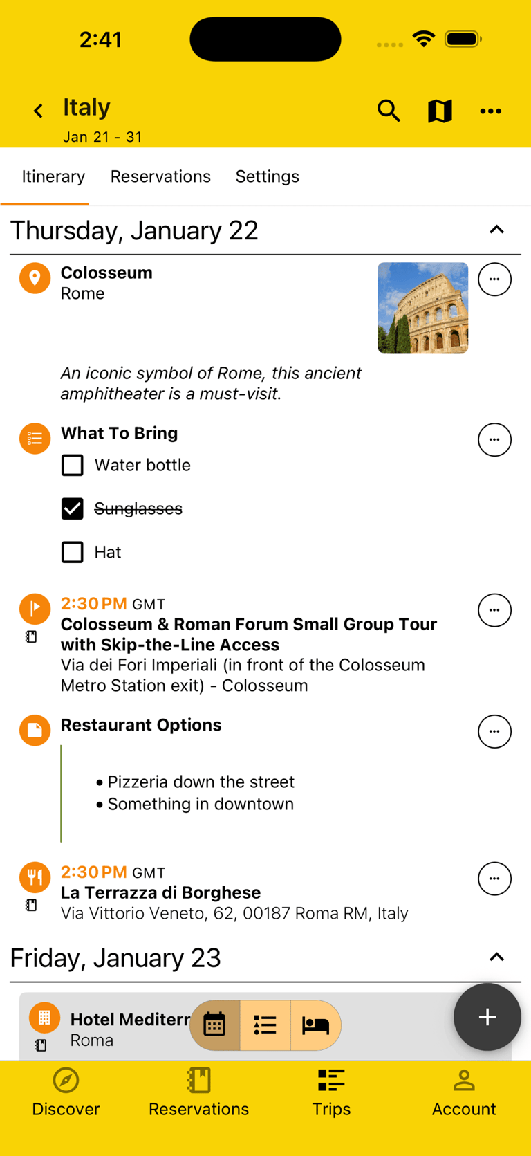 itinerary with a checklist and note