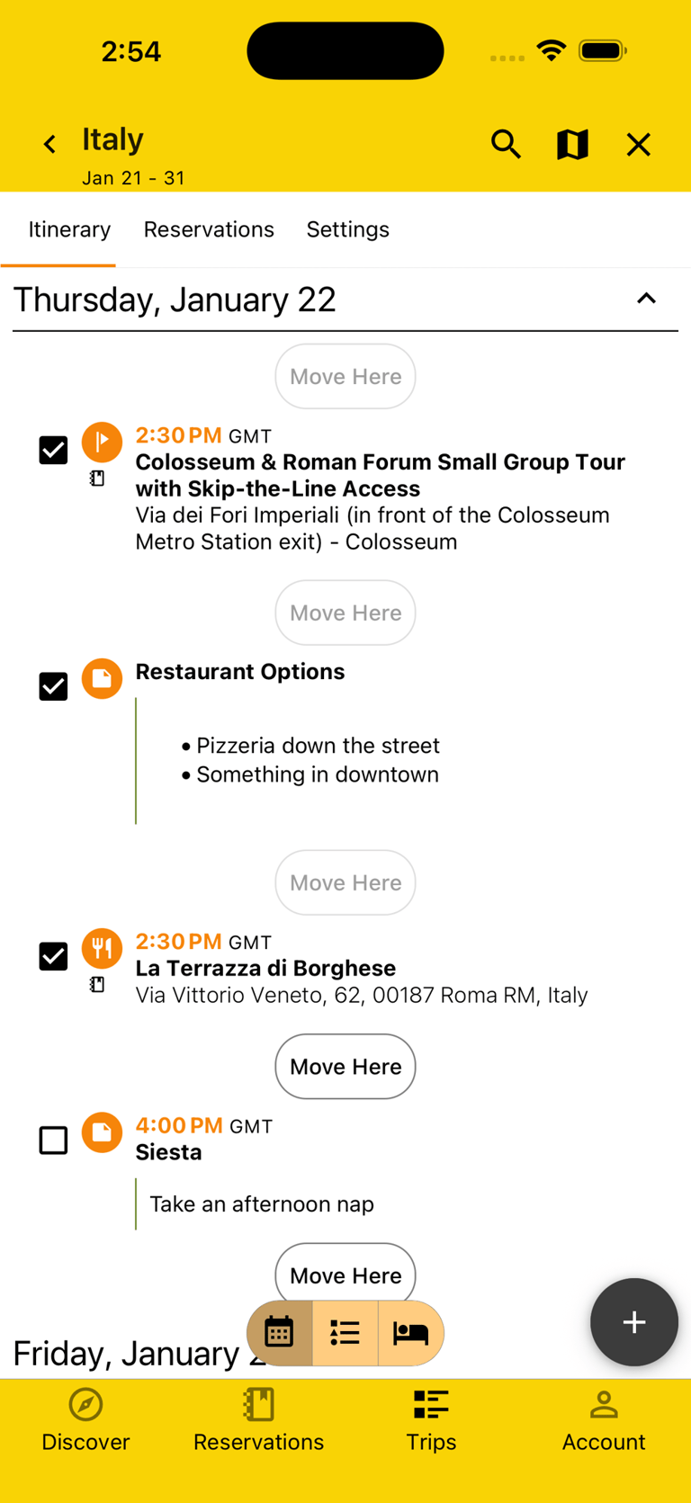 itinerary in rearrange mode with multiple plans selected