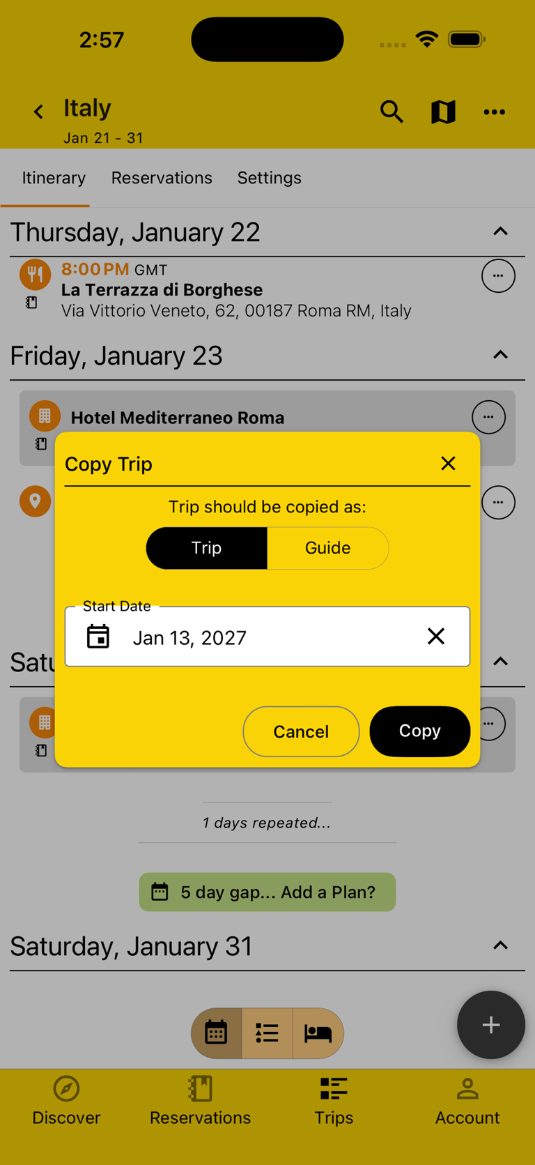 modal allowing copying of trip
