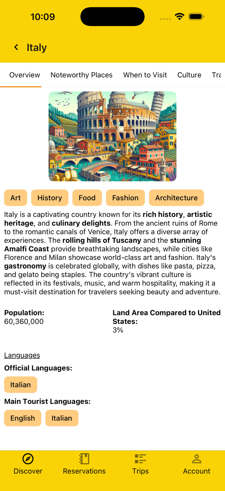 details on Italy, including a brief history, what it's known for, and related languages