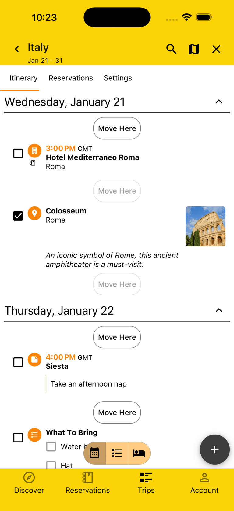 itinerary view in rearrange mode with one plan selected