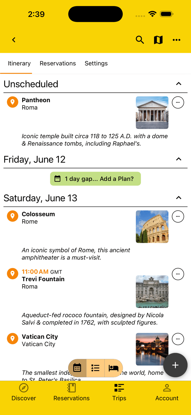 unscheduled and scheduled plans on an itinerary
