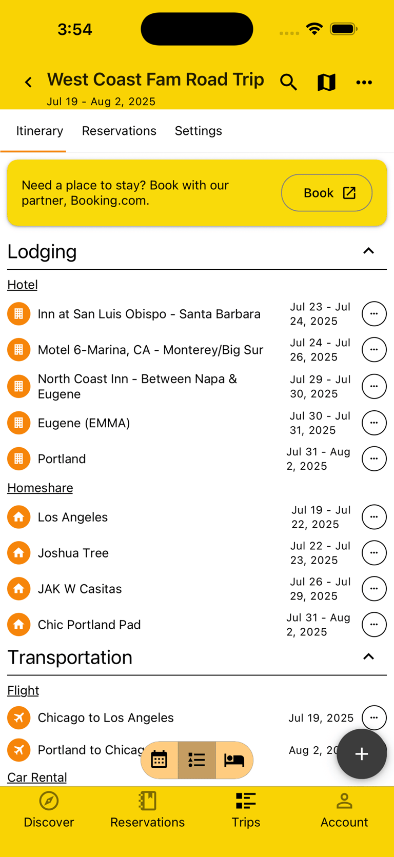 itinerary view by plan type showing various plans