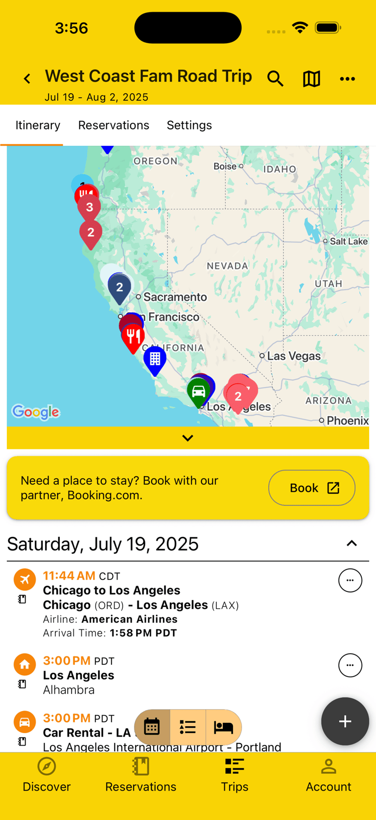 map of road trip stops