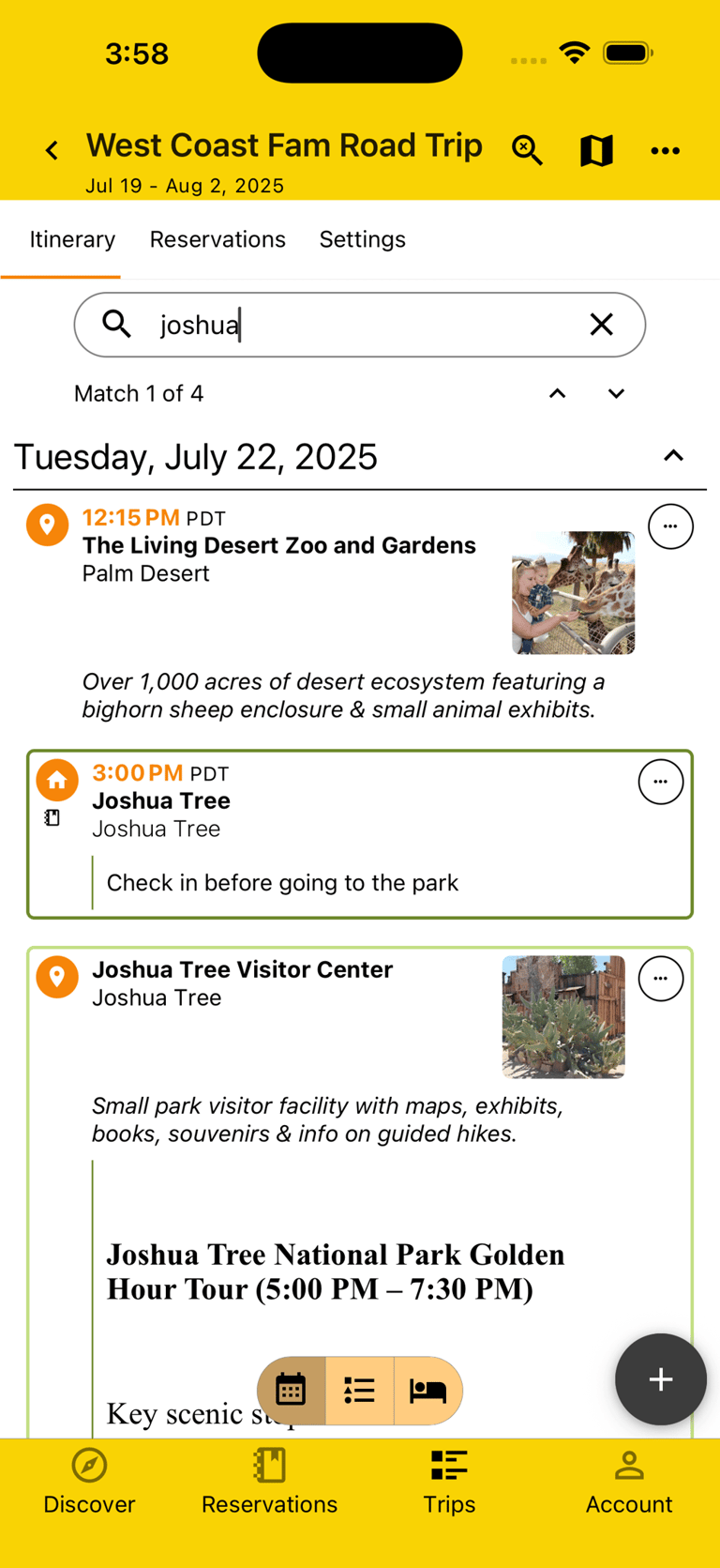 itinerary being searched with matching results highlighted