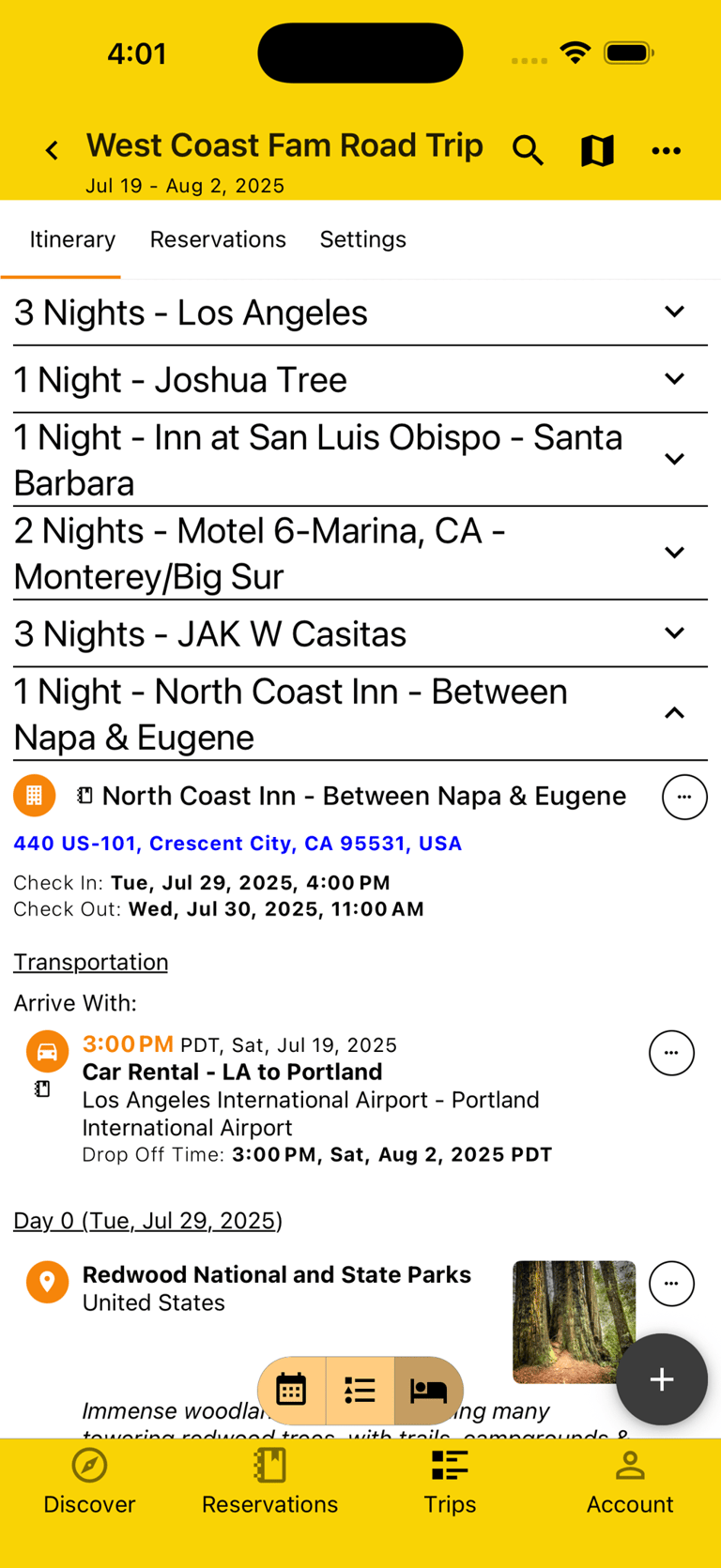 itinerary lodging view with most sections collapsed