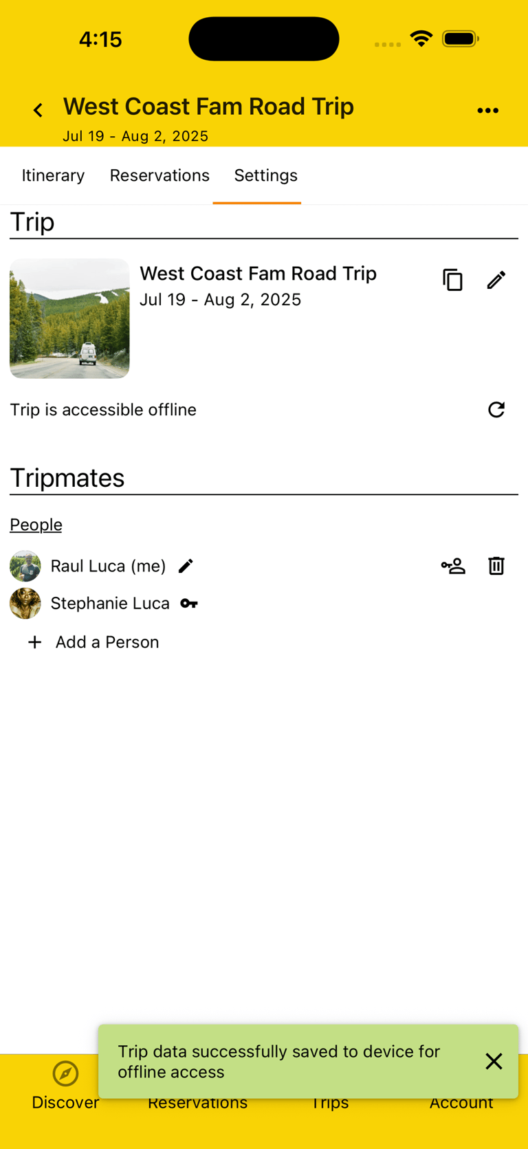 trip being downloaded for access offline