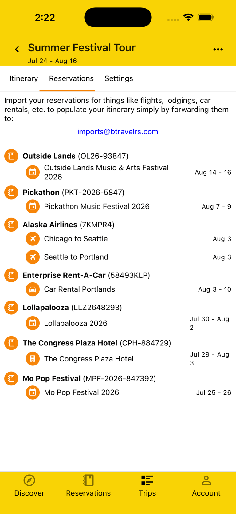 trip reservations list with details like plans and dates