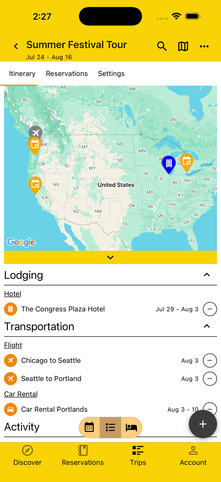 map of plans for the trip