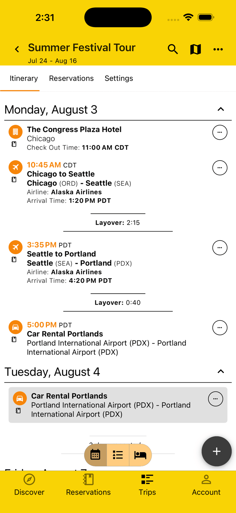 itinerary by day view with multiple layovers