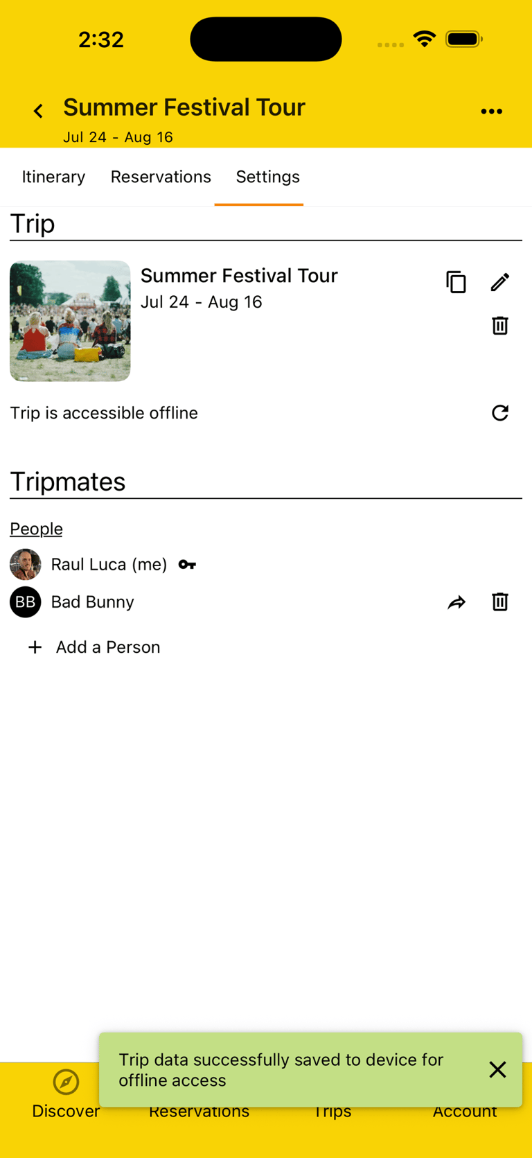 trip being downloaded for offline access