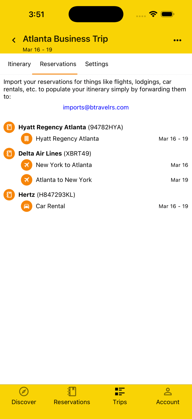 trip reservations with plan details and dates