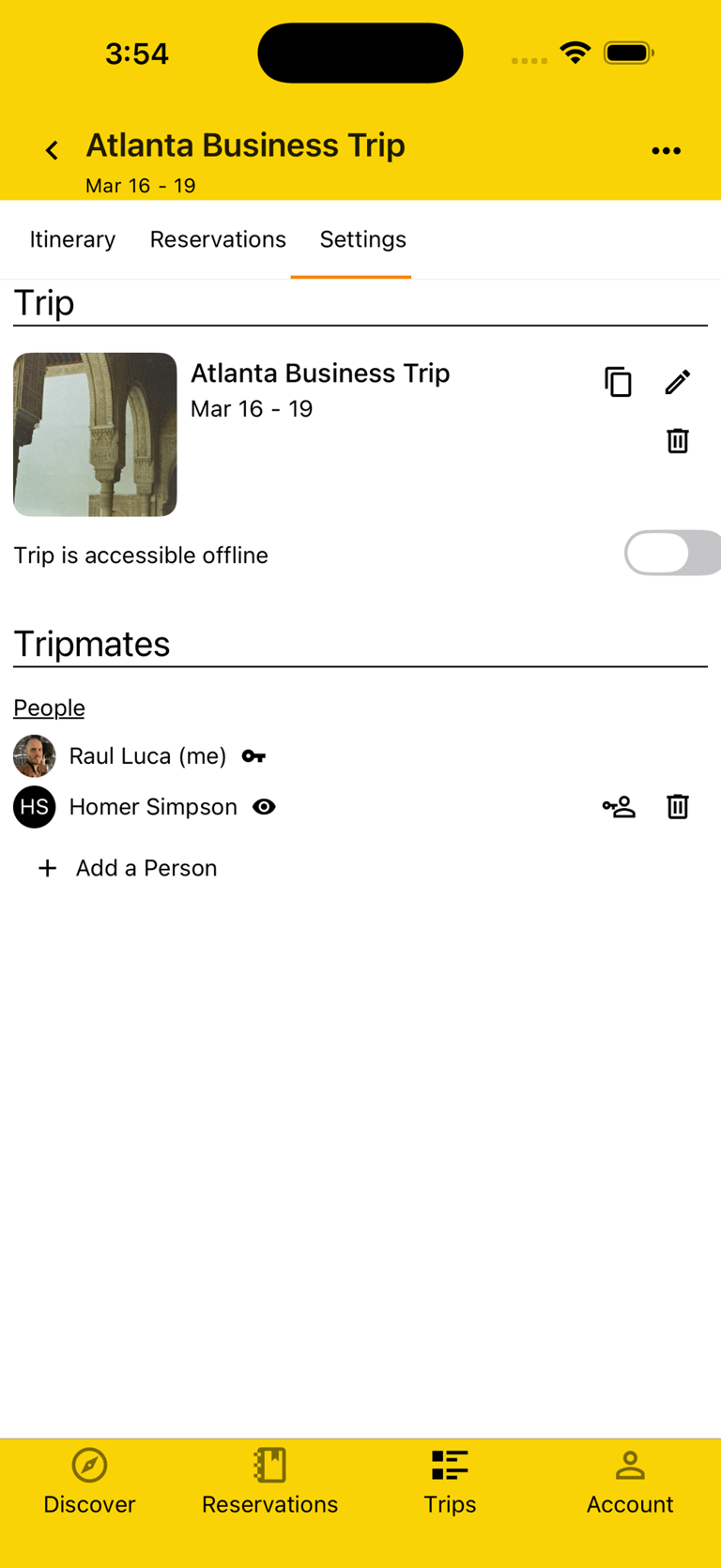 trip settings with assistant and executive having access to trip