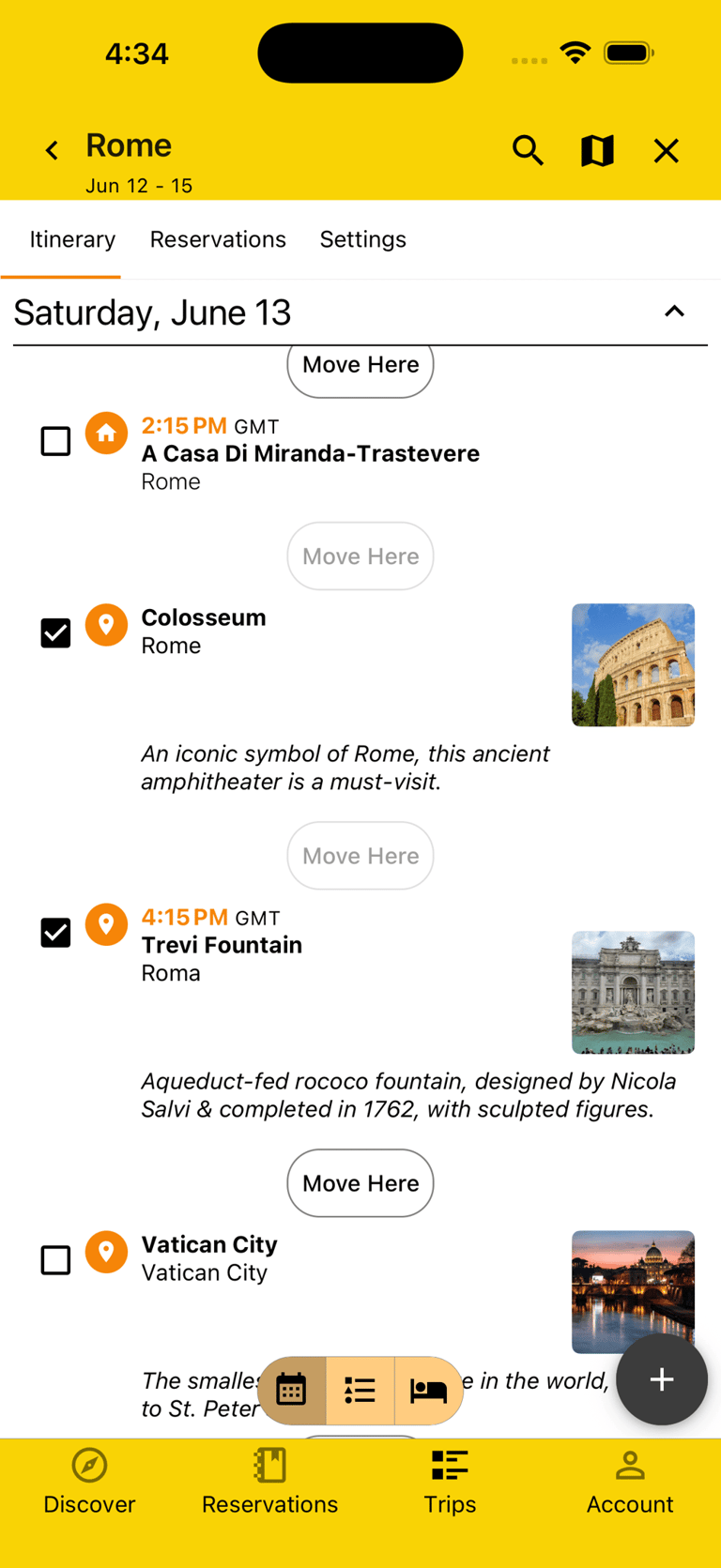 itinerary in rearrange mode with multiple plans selected