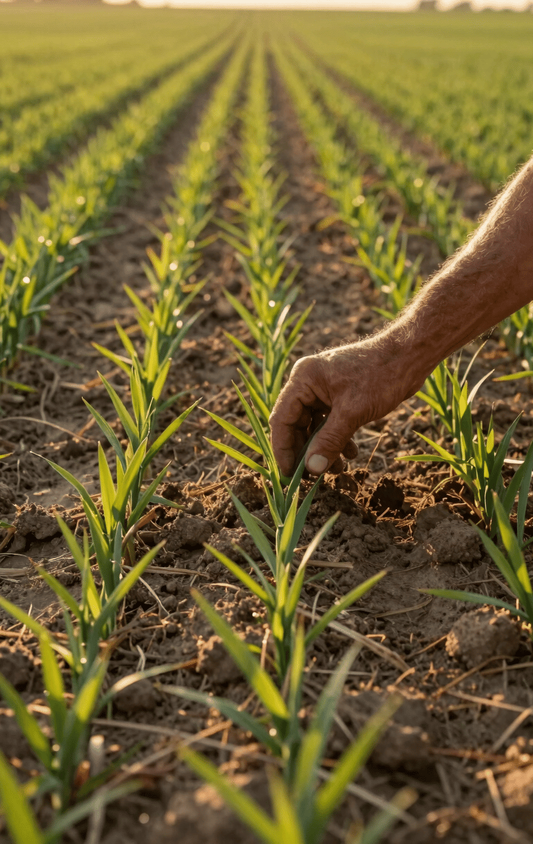 Wide-angle field at golden hour, a farmer's hands parting rows of young wheat crop to inspect the soil below, warm amber light raking across the furrows, dry earth visible in close foreground, horizon of green crop rows receding behind