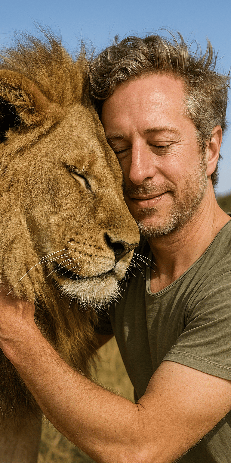 Gauthier Leleu fait un câlin à un lion pour la journée mondiale du lion.