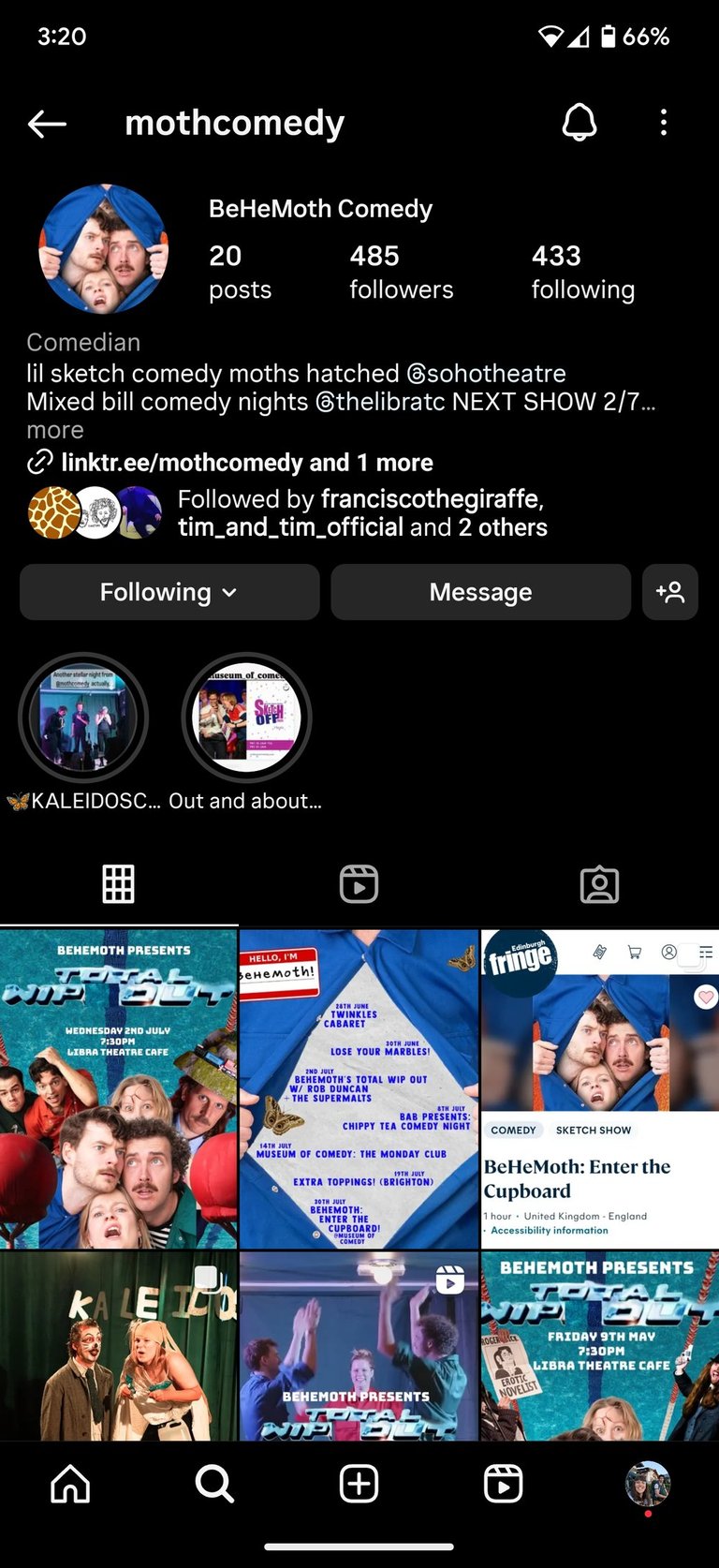 Screenshot of BeHeMoth Comedy Instagram Page before a Instagram audit by Laura Franklin