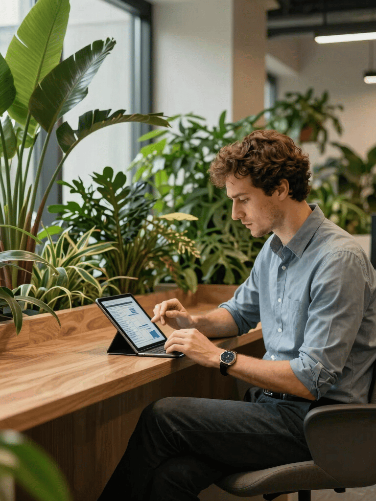 A professional Western European / French office environment with sustainable design, featuring lush green plants and modern wooden furniture. A specialist is reviewing data on a tablet. The lighting is warm and natural, emphasizing a trustworthy atmosphere. Colors include emerald green and muted blue-gray.