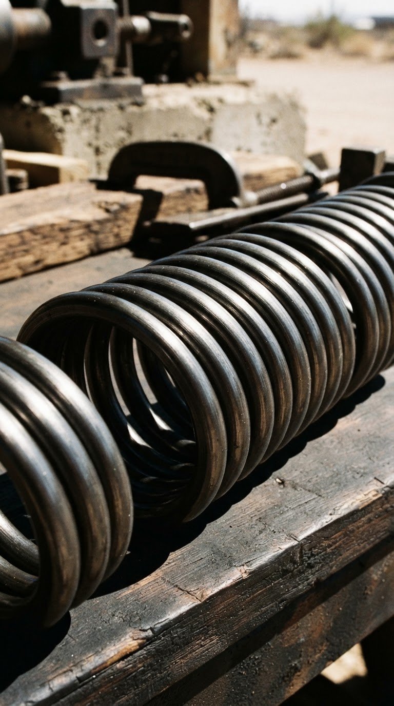 Macro shot of a heavy-duty, coiled steel torsion spring, new and clean, with strong desert sunlight creating sharp shadows, industrial editorial photography, 35mm