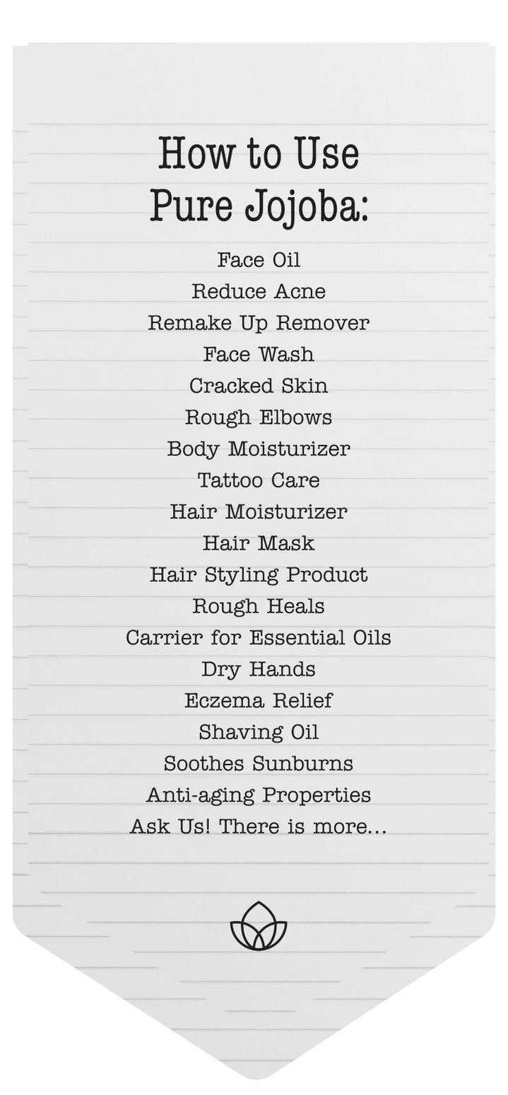 A list of pure jojoba oil uses for face, hair, and body care on a white notepad graphic.