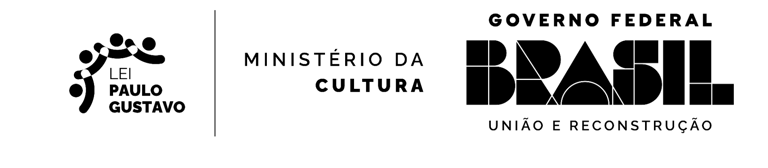 Logo da Lei Paulo Gustavo. Ministério da Cultura, Governo Federal, Brasil União e Reconstrução