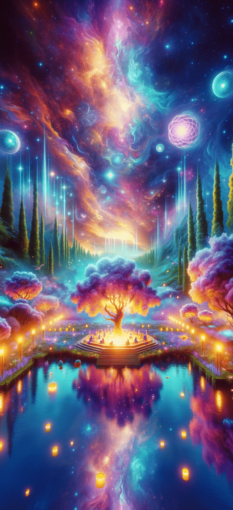 a painting of a tree in the middle of a lake
