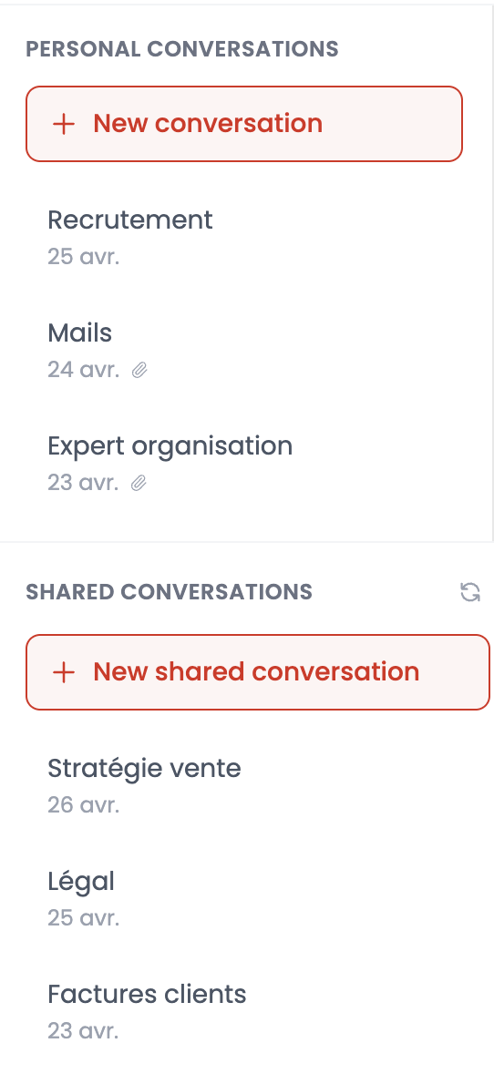 User interface showing personal and shared conversations with a red button to start a new chat.
