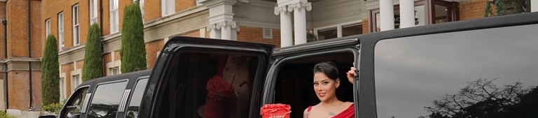Woman in red dress with limousine and roses, shot by Fred Art Studio