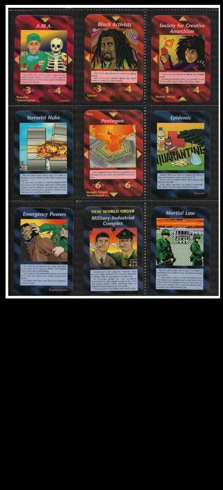 Algumas cartas do jogo de cartas illuminati 1995 que previu o atentado 11/09 nos EUA (Foto e Texto)