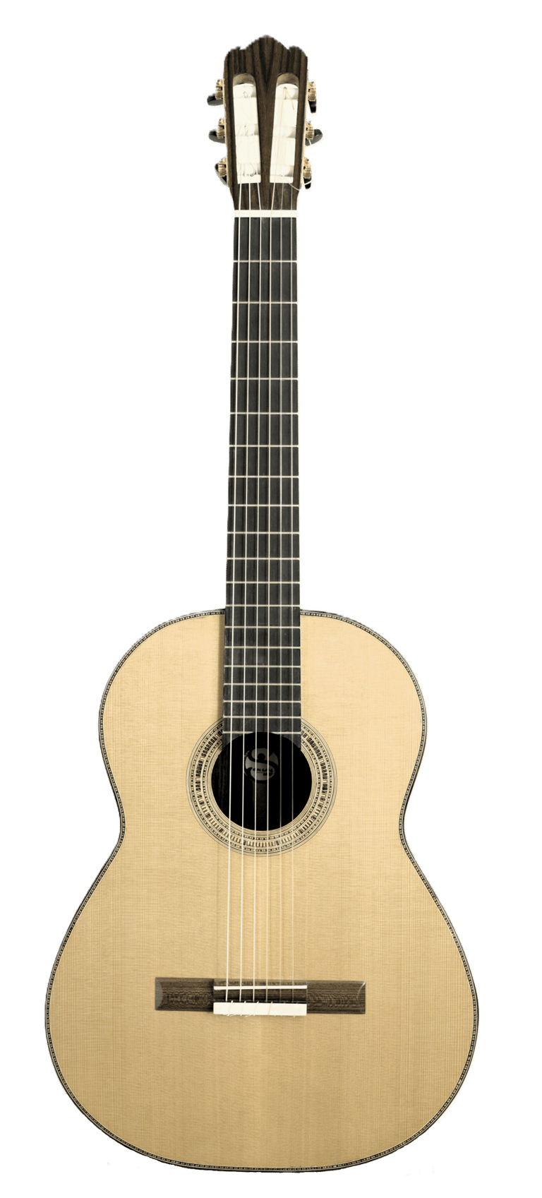 Handcrafted acoustic classical guitar with a spruce top and intricate rosette detail on a white background.