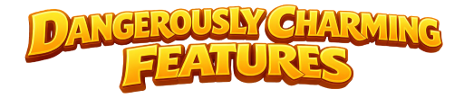 Dangerously Charming Features 3D golden cartoon style text logo on a black background.