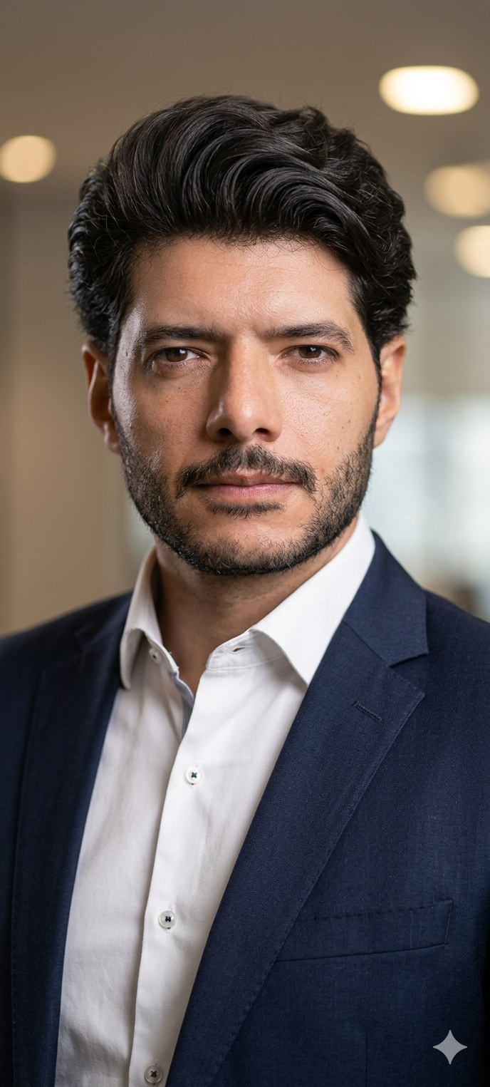 Professional portrait of a businessman with dark hair and a beard wearing a navy blue suit jacket.