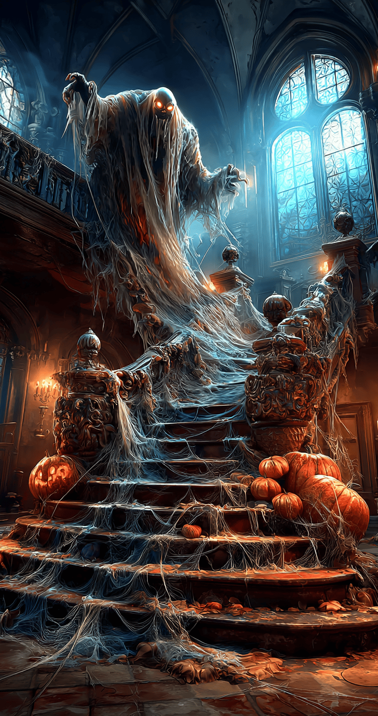ghost on stairs in a haunted mansion on halloween 