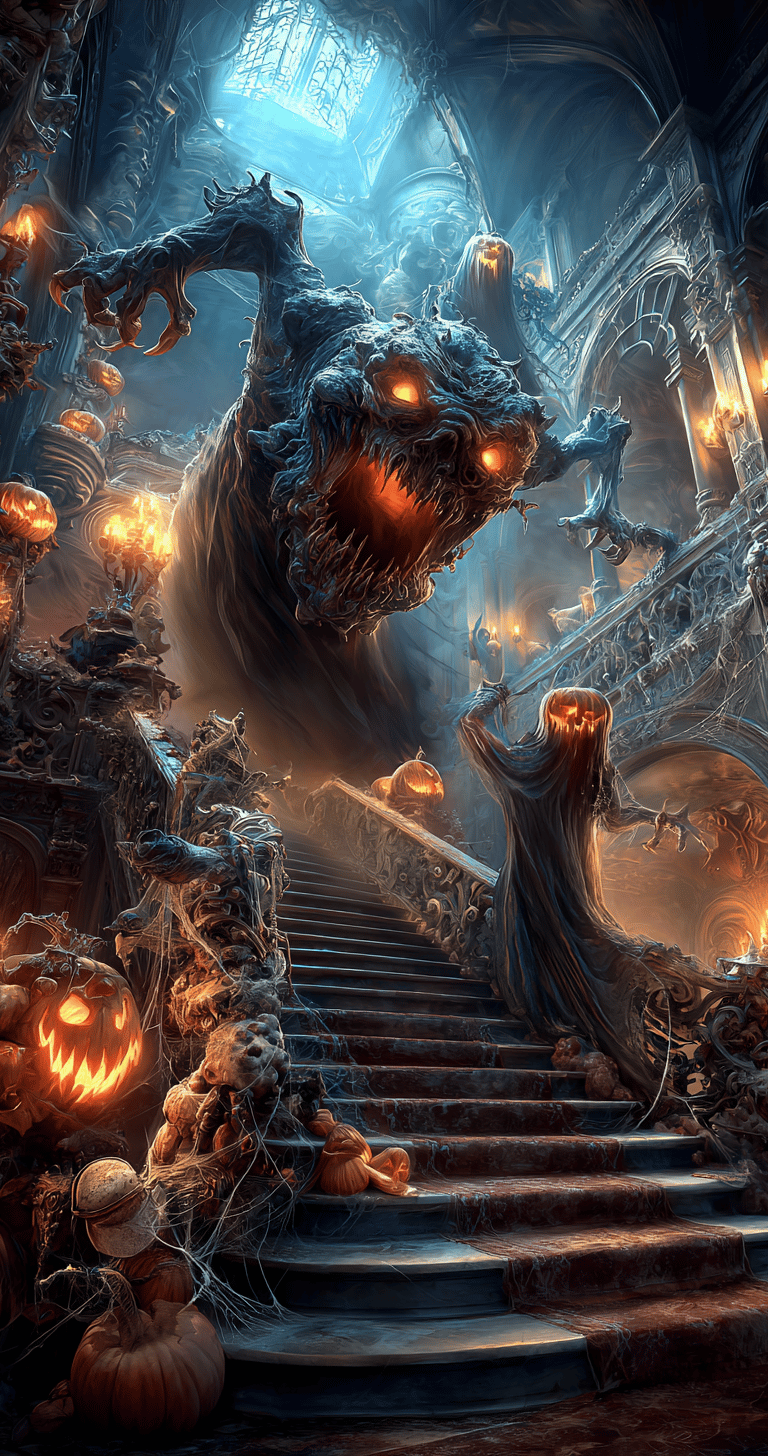 ghouls on stairs in a haunted mansion