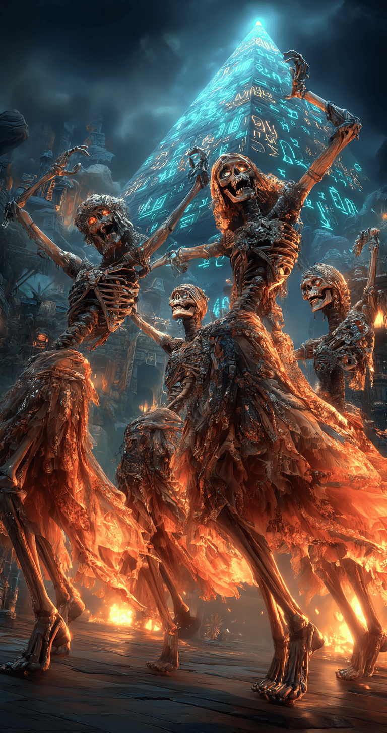 halloween skeletons dancing in the moon light