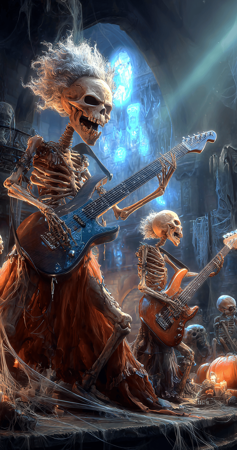 skeletons playing guitar on a stage