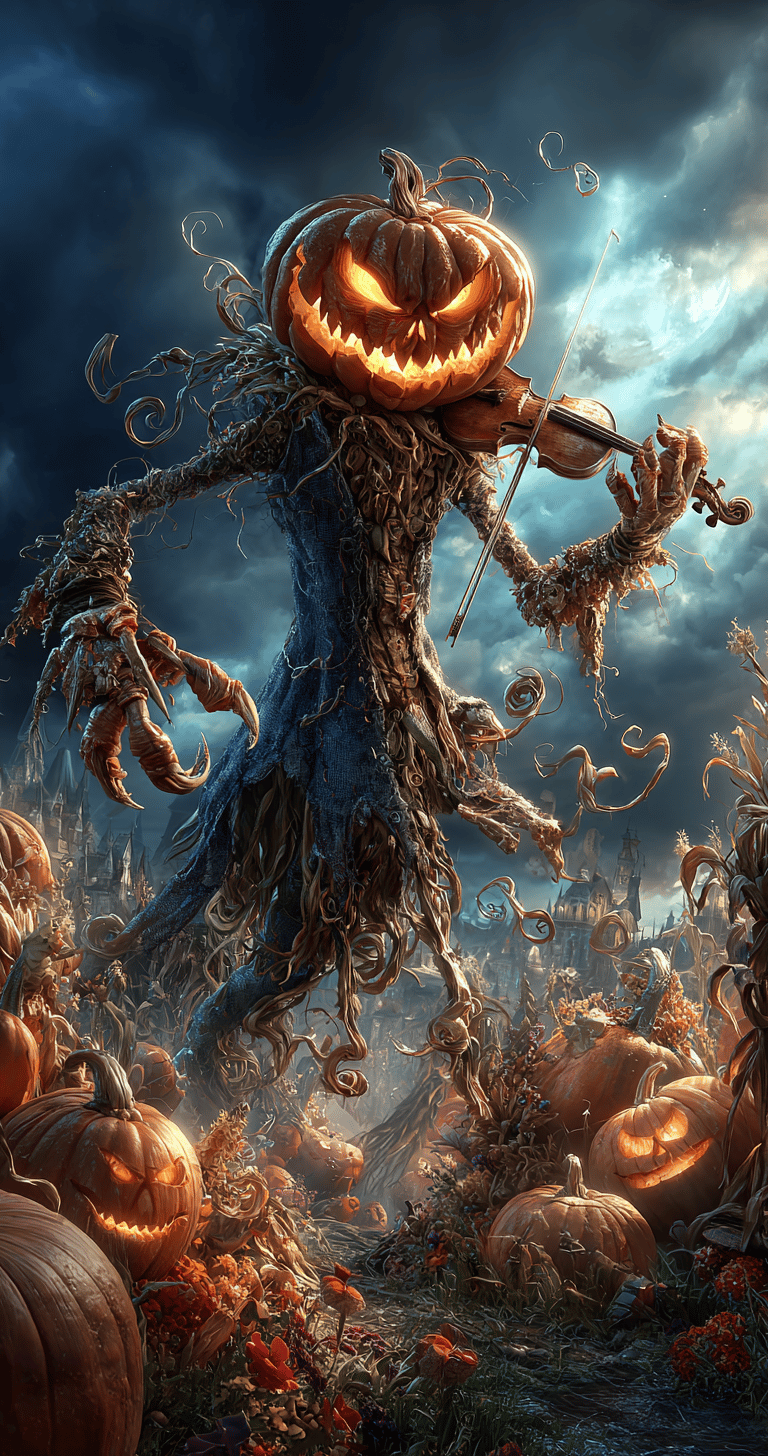 pumpkin king violin player in a pumpkin patch 