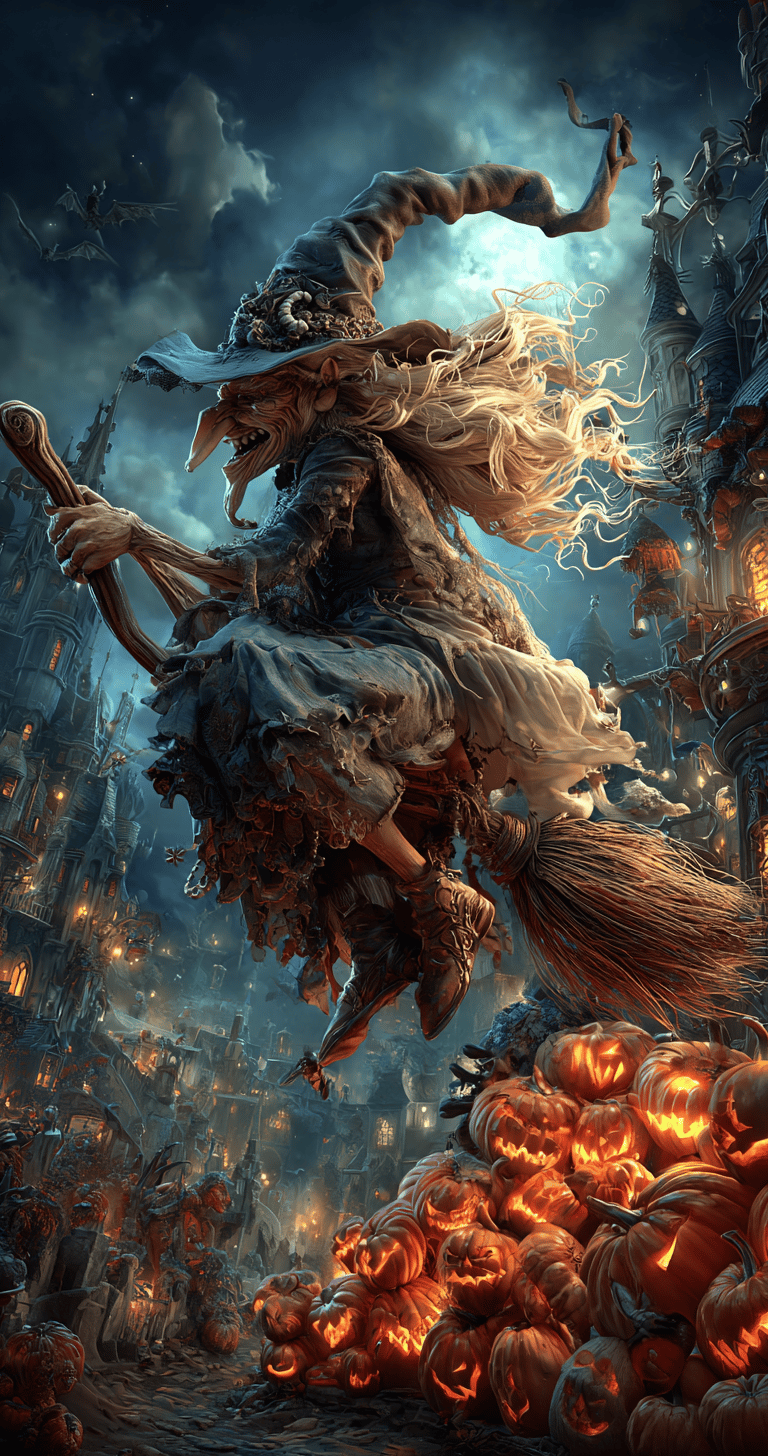 witch flying on a broom on a spooky halloween night with pumpkins