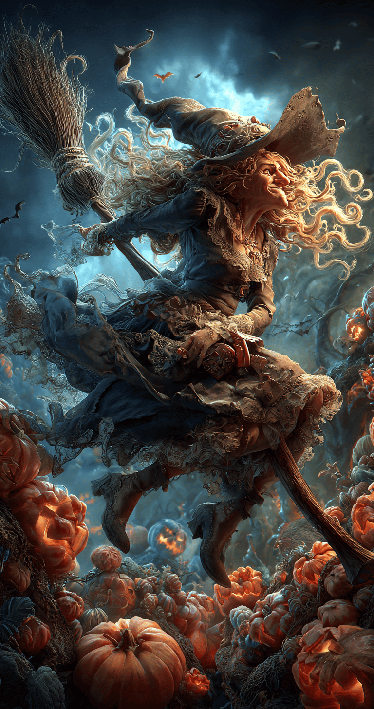 witch flying on her broom to music