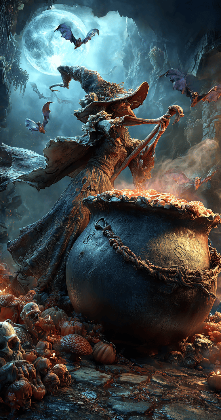 witch stirring her caldron on a moonlit night