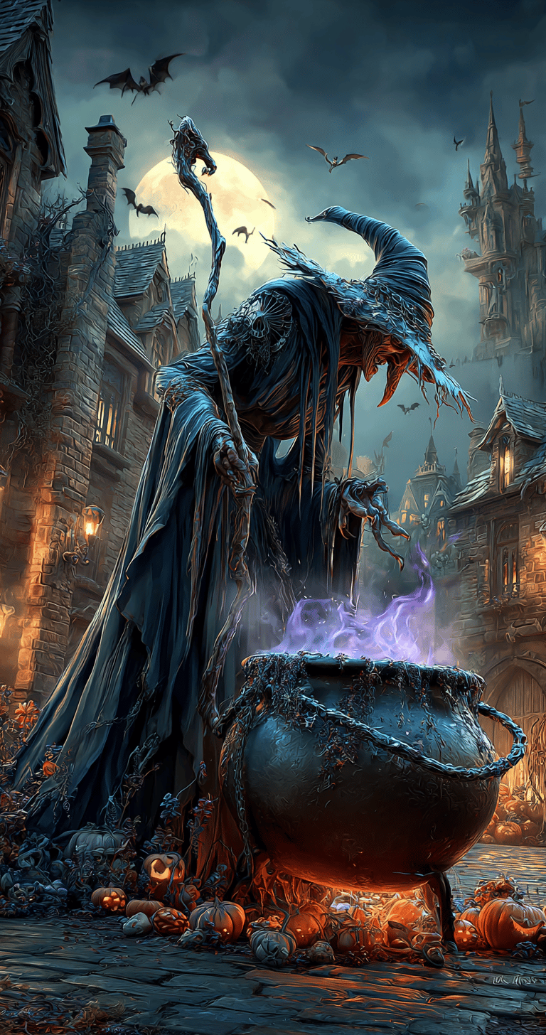witch with a boiling caldron in a spooky scene 