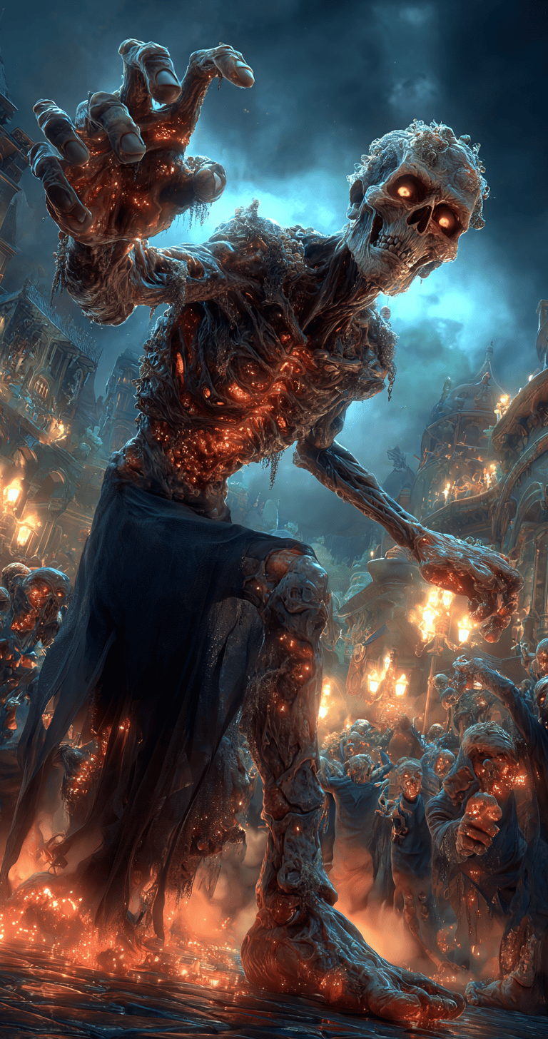 ghoul skeleton reaching out in a spooky scene