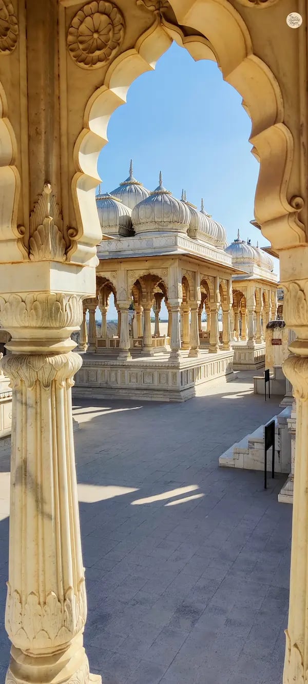 Row of marble cenotaphs at Devi Kund Sagar, Bikaner, memorializing kings and queens.