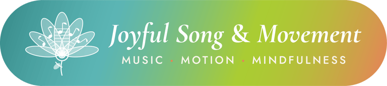 Banner with gradient logo with text: Joyful Song & movement: Music, motion and mindfulness