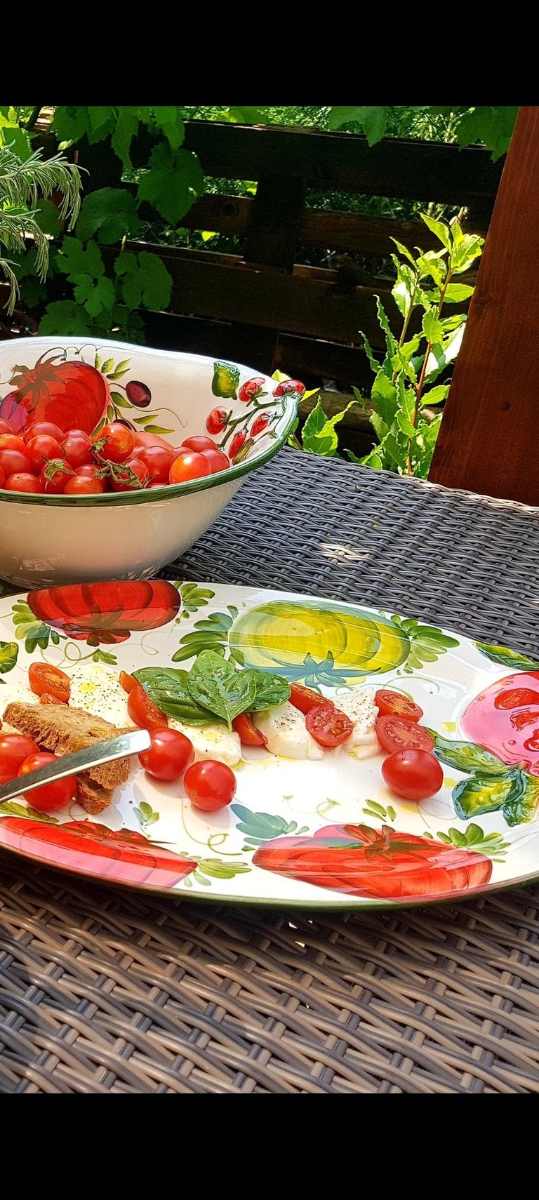 Fresh Caprese salad with cherry tomatoes and mozzarella on a decorative plate outdoors.