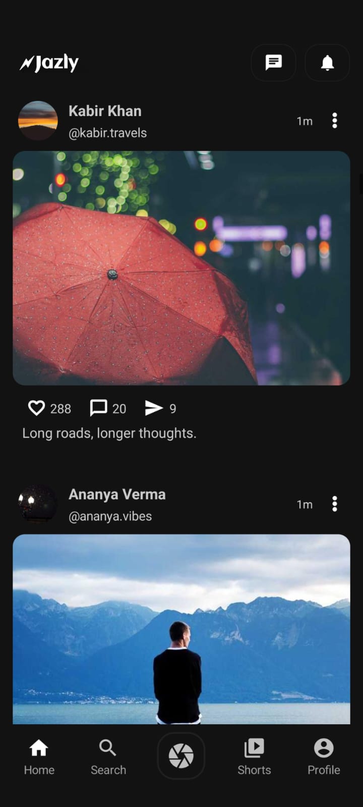 Screenshot of a social media app interface featuring travel photos of a red umbrella and mountain landscape.