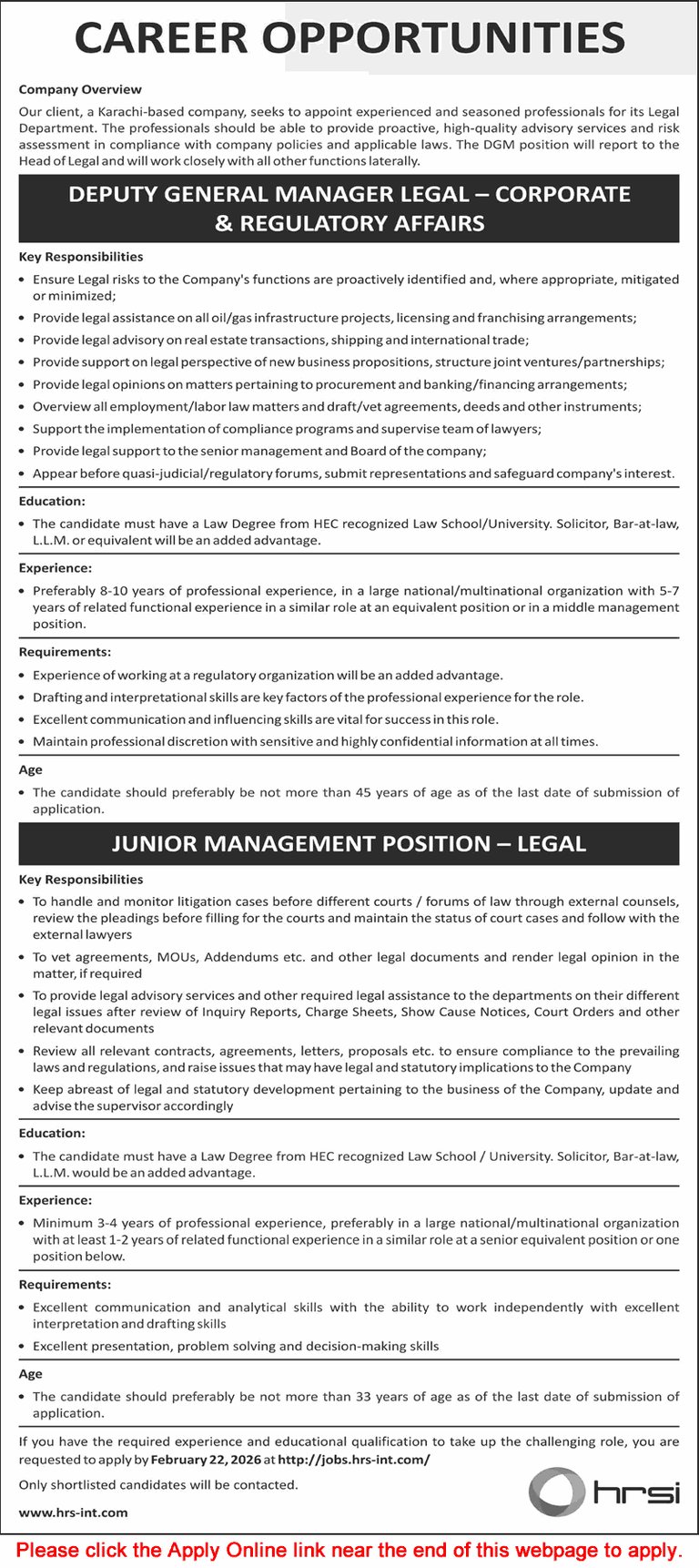 HRSI Pakistan Jobs February 2026 Apply Online Deputy General Manager & Junior Management Position Latest