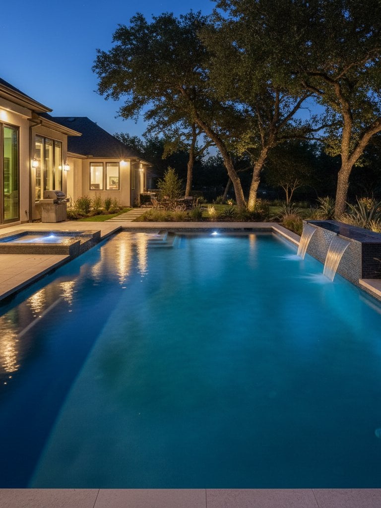 Well-lit residential pool at night in Central Texas following professional pool light repair and electrical inspection