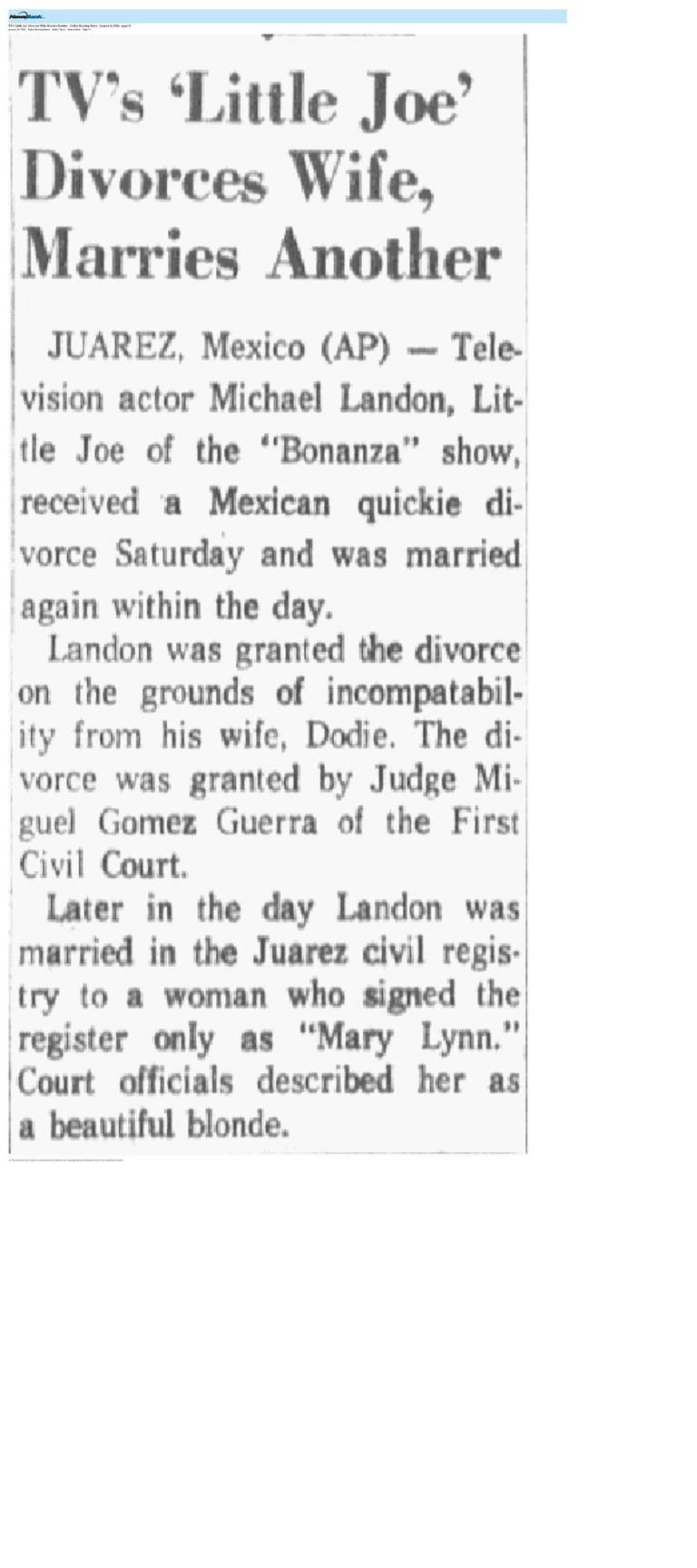 TV's Little Joe Divorces Wife,   Marries Another - Michael Landon
