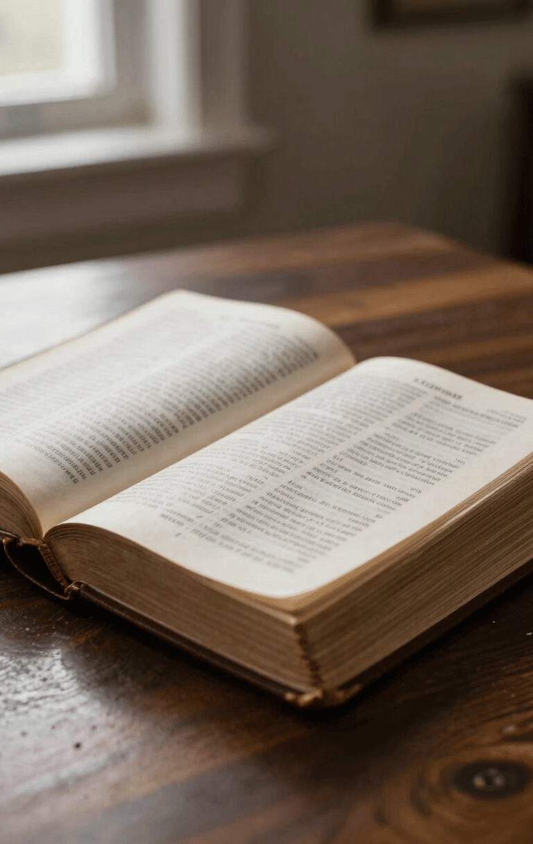 Close-up of a worn leather-bound Bible open on a dark oak table, soft morning window light illuminating the textured paper pages, quiet and scholarly atmosphere.